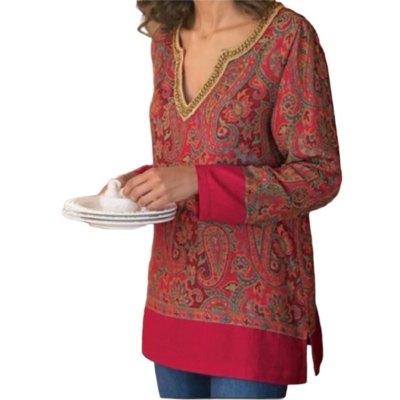 Soft Surroundings Pasha Pullover Red Paisley Tunic Imported Tunic Blouse Top M - Picture 2 of 11